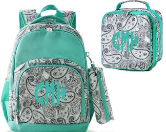 Personalized Paisley Backpack and Lunchbox Set, Monogrammed School Set
