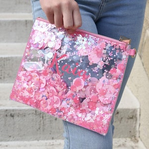 Trousse personnalisée pour fille, pochette personnalisée confettis roses transparents, trousse de toilette, pochette rose, cadeau