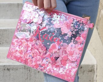 Bolsa de confeti rosa con purpurina personalizada: bolsa transparente para accesorios