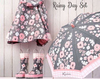 Girl's Flower Raincoat Set / Kids Rain Jacket / Monogrammed Rain Jacet / Pink Flowers Rain Jacket / Rain Boots / Gift for Girl / Umbrella