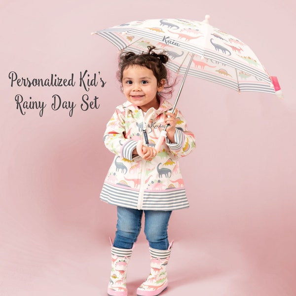 Girls Pink Dinosaur Raincoat Set / Kids Rain Jacket / Monogrammed Rain Jacet / Pink Dino Rain Jacket / Rain Boots / Gift for Girl / Umbrella
