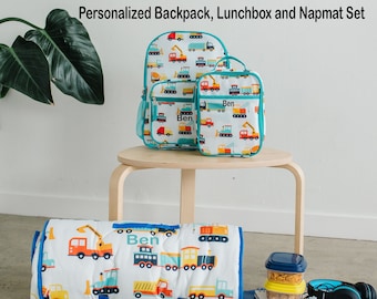 Personalized Backpack, Lunchbox and Napmat set / Monogrammed Backpack and Lunchbox / Boys Back to School Set / Construction / Digger / Truck