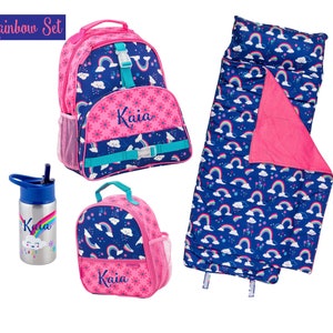 Personalized Girls Rainbow Backpack Set / Rainbow / Back to School / Nap Mat / Monogrammed Backpack / Lunchbox Set, Pink backpack set