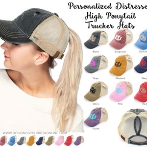 Monogrammed Distressed Trucker High Ponytail Hat / Ponytail Trucker Hats / Messy Bun Hat / Trucker Hat / High Pony Tail Hat / Baseball Cap