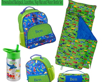 Personalized Transportation Backpack Set, Nap Mat, Lunchbox, Water Bottle
