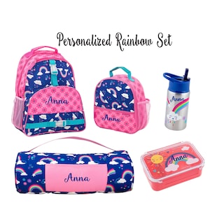 Personalized Rainbow Backpack Set, Back to School, Nap Mat for girls, Monogram Backpack, Lunchbox Set, Bento Box, Stainless Bottle for kids