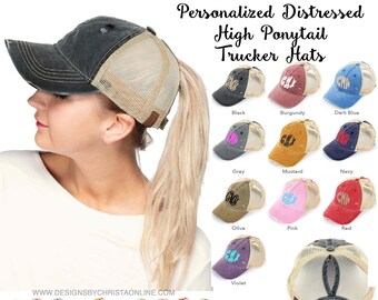 Monogrammed Distressed Trucker High Ponytail Hat / Ponytail Trucker Hats / Messy Bun Hat / Trucker Hat / High Pony Tail Hat / Baseball Cap