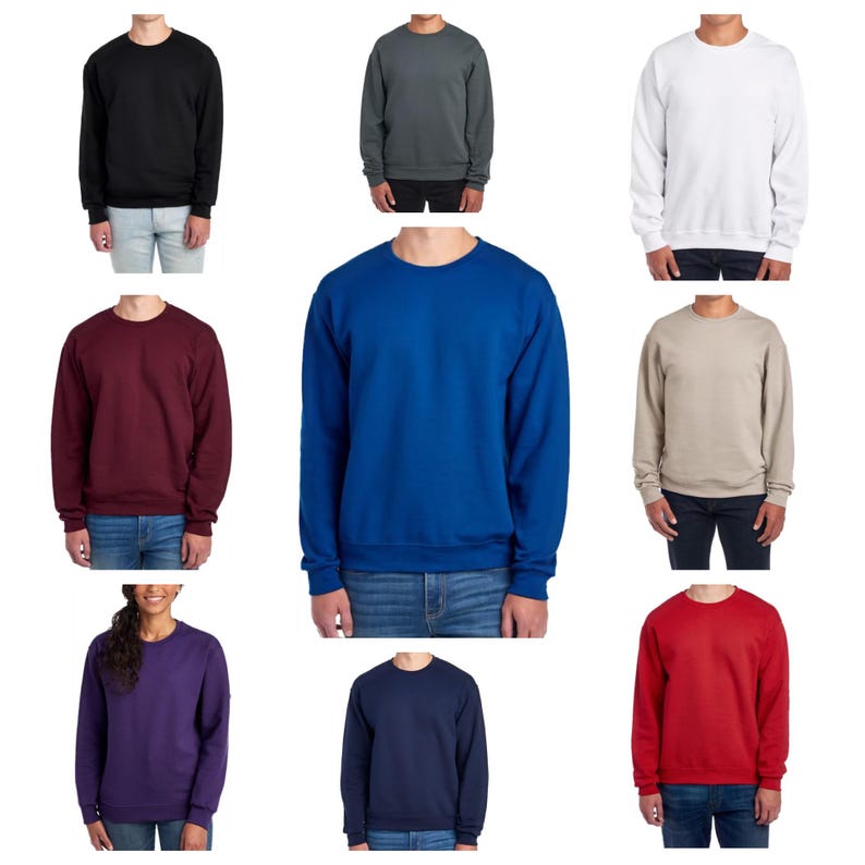 May include: A set of ten crew neck sweatshirts in various colours, including black, grey, white, maroon, blue, beige, purple, navy, and red. The sweatshirts are all long-sleeved and have a classic crew neck design.
