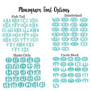 Pu&ograve; includere: Immagine che mostra le opzioni di carattere del monogramma in verde acqua. I caratteri sono etichettati: Fish Tail, Intertwined, Master Circle e Circle Block. Ogni carattere mostra l'alfabeto in una variet&agrave; di stili, mostrando i design del monogramma.