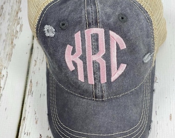 Monogrammed Distressed Trucker High Ponytail Hat / Ponytail Trucker Hats / Messy Bun Hat / Trucker Hat / High Pony Tail Hat / Baseball Cap