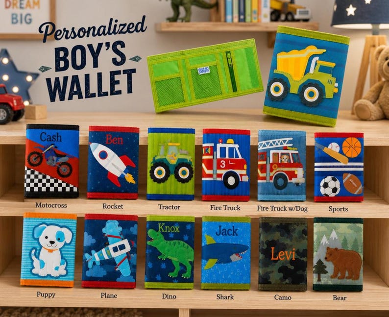 Pu&ograve; includere: Una collezione di portafogli personalizzati per ragazzi, con vari design come una moto, un razzo, un trattore, un camion dei pompieri, attrezzature sportive, un cucciolo, un aereo, un dinosauro, uno squalo, mimetico e un orso. Ogni portafoglio &egrave; di un colore diverso e ha un design unico.