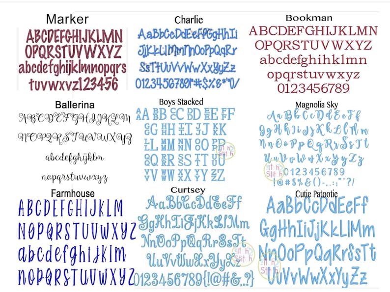 May include: A display of various font styles, including Marker, Charlie, Bookman, Ballerina, Boys Stacked, Magnolia Sky, Farmhouse, Curtsey, and Cutie Patootie. Each font showcases the alphabet and numbers.