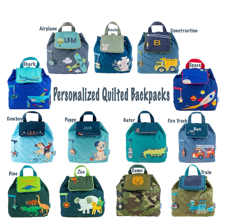 May include: A collection of 12 personalized quilted backpacks for children. Each backpack features a different design, including a shark, airplane, koala, construction truck, space rocket, cowboy, puppy, gator, fire truck, dinosaur, zoo animals, and camouflage. The backpacks are all blue, green, or brown and have a quilted fabric with a small pocket on the front. The backpacks are personalized with a name or initials on the front pocket.