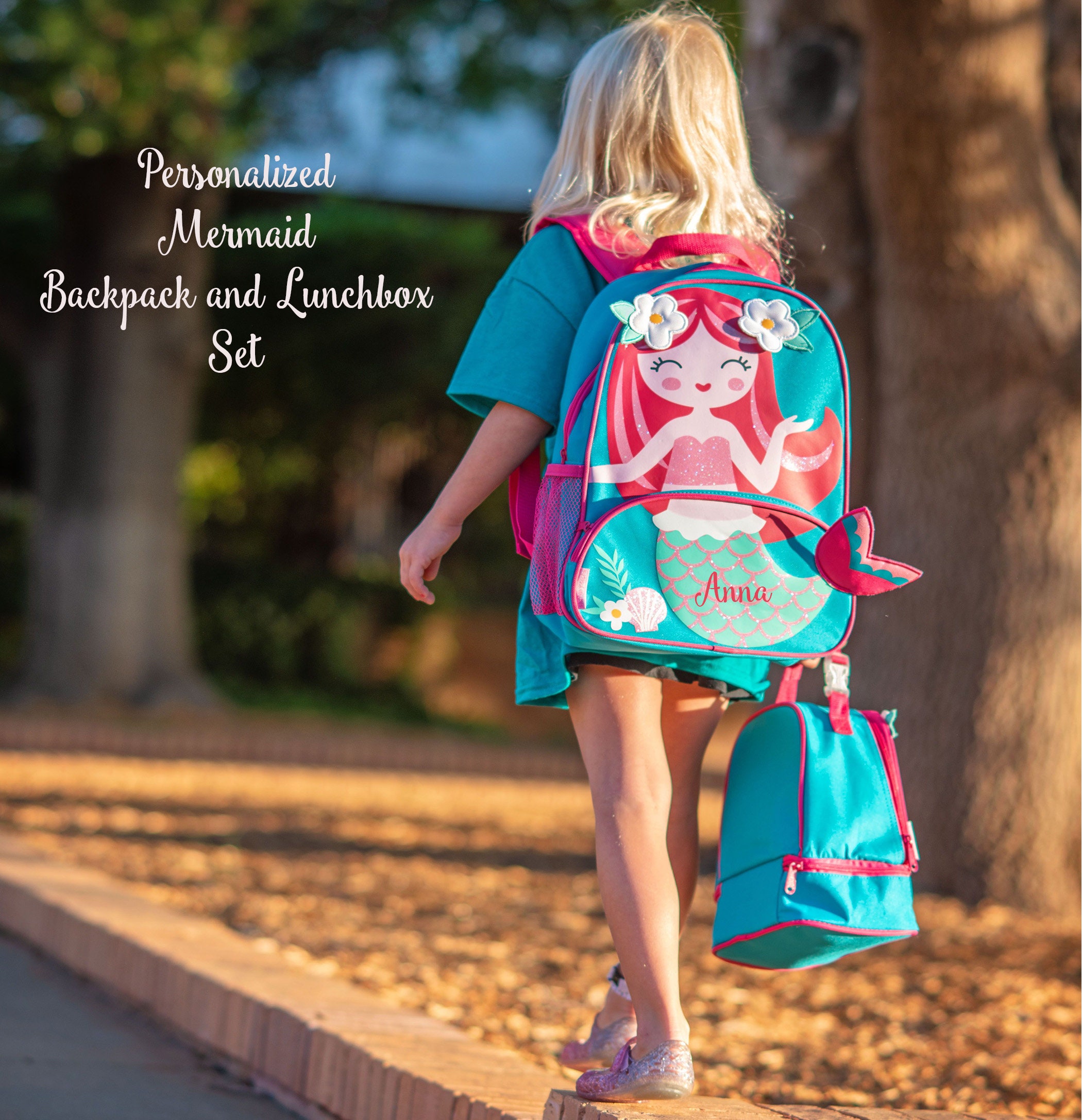GIRLS Lunch Box Set/personalized Mermaid Lunch Box/4 Pc Kids Backpack/back  to School/personalized Lunch Box/monogrammed Backpack/mermaid 