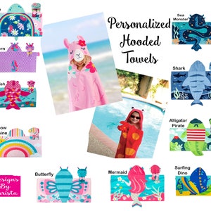 May include: A collection of colourful hooded towels featuring various animal designs, including a turtle, unicorn, pink fish, rainbow sunshine, butterfly, mermaid, alligator pirate, sea monster, shark, and surfing dino. The towels are personalised with the text "Designs By Christa" and "Personalized Hooded Towels".
