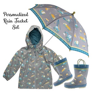 Boys Rain jacket set / Kids Rain Jacket / Monogrammed Rain Jacket / Construction Rain Jacket / Rain Boots / Gift for boy / Umbrella / Digger