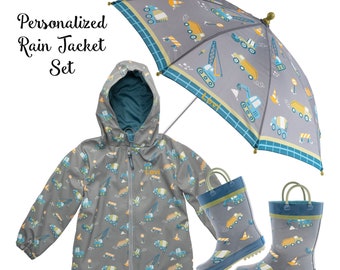 Boys Raincoat Set / Kids Rain Jacket / Monogrammed Rain Jacket / Leopard Rain Jacket / Rain Boots / Gift for boy / Umbrella / Digger