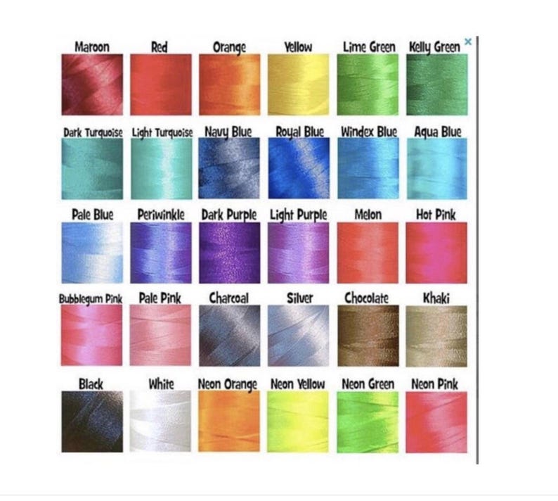 Op de afbeelding: Een kleurenkaart met een verscheidenheid aan draadkleuren. De kaart bevat kleuren zoals kastanjebruin, rood, oranje, geel, limoengroen, Kelly groen, donker turkoois, licht turkoois, marineblauw, koningsblauw en meer. Elke kleur is met zijn naam gelabeld.