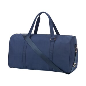 May include: A navy blue duffel bag with a long adjustable strap and gold hardware.