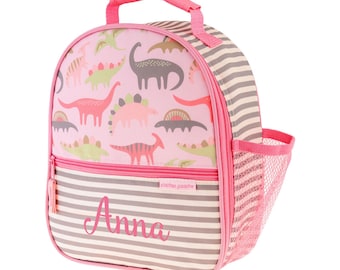 Personalized Lunchbox for School. Pink dino embroidered lunch bag. Insulated lunchbox with water bottle holder