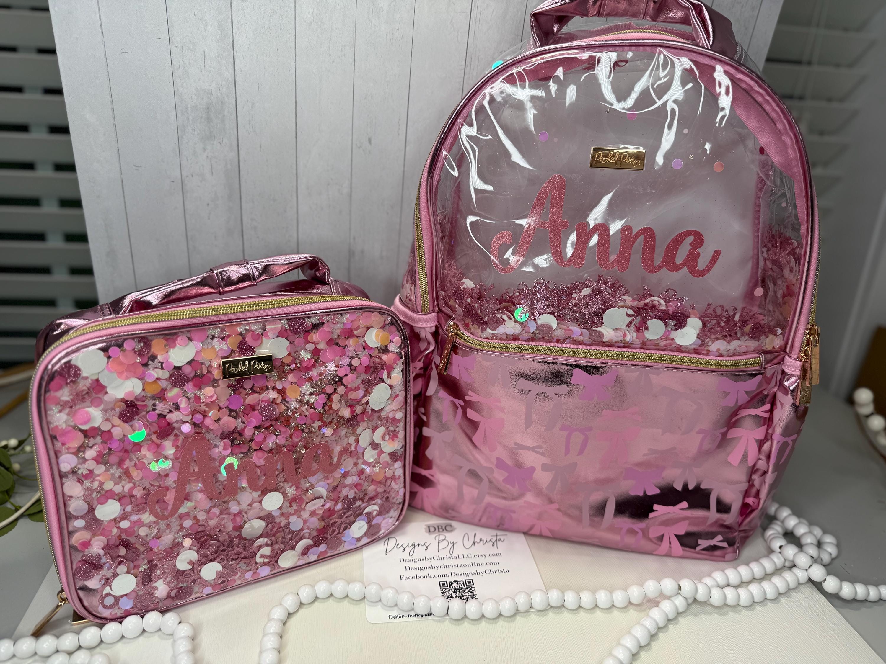 Personalized Confetti Backpack Set: Pink Glitter, Lunchbox & Pencil Pouch