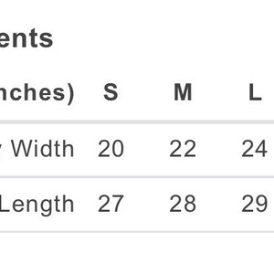 May include: Size chart showing measurements in inches for a garment. The chart includes body width and full body length measurements for sizes S, M, L, XL, and 2XL.