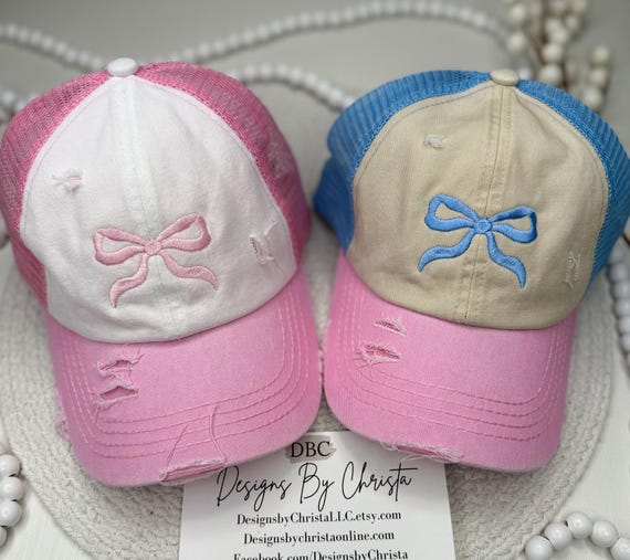 Pink Bow Baseball Cap, Bow Distressed Trucker High Ponytail  display picture 1