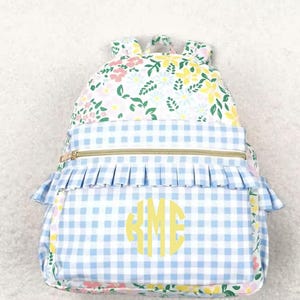 Mochila floral personalizada para meninas: bolsa escolar com babados xadrez azul