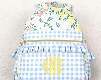 Sac à dos floral personnalisé pour fille : cartable bleu à volants en vichy