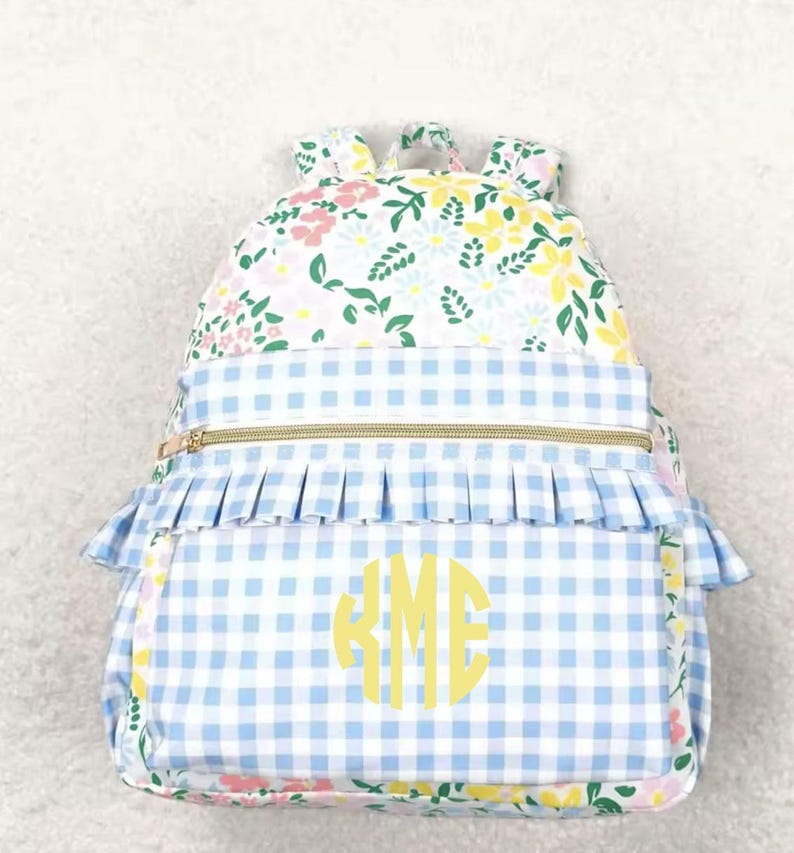 Personalized Girls Floral Backpack: Blue Gingham Ruffle School Bag - Etsy