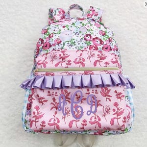 Mochila floral personalizada para meninas: mochila escolar com babados e estampa xadrez