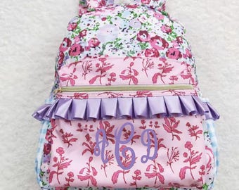 Sac à dos floral personnalisé pour fille : cartable à volants, imprimé vichy