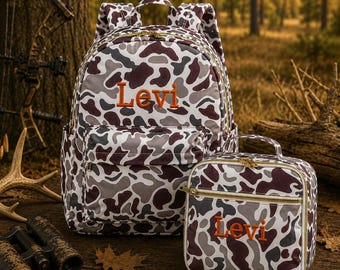 Gepersonaliseerde geborduurde camouflagerugzak voor jongens, volledige kinderrugzak met monogram, terug naar school, rugzak met bijpassende lunchbox
