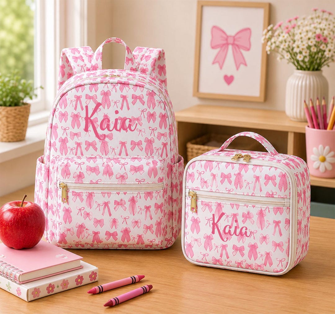 Personalized Bow Backpack and Lunchbox Set, Monogrammed Nylon School ...