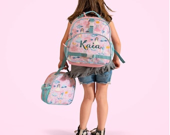 Personalized Backpack Set, Embroidered Backpack and Lunchbox, Pink Princess Backpack for School