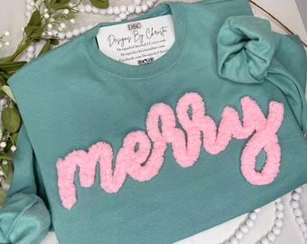 Custom Yarn Sweatshirt, Sage Green sweatshirt with pink yarn, chenille Yarn sweatshirt, Gigi shirt, Mama shirt, love Shirt, Lucky, Nana