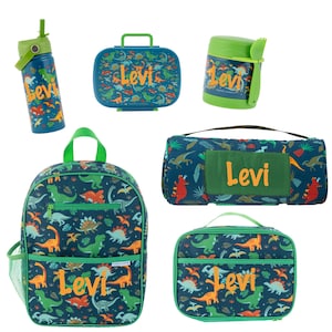Sac à dos dinosaure personnalisé, boîte à lunch, tapis de sieste, bouteille d'eau, pot de nourriture et boîte à bento, boîte à lunch à dos monogrammée, kit scolaire pour garçons