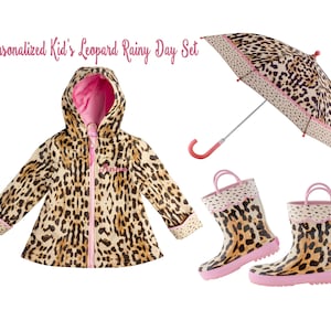 Girls Leopard Raincoat Set / Kids Rain Jacket / Monogrammed Rain Jacet / Leopard Rain Jacket / Rain Boots / Gift for Girl / Umbrella