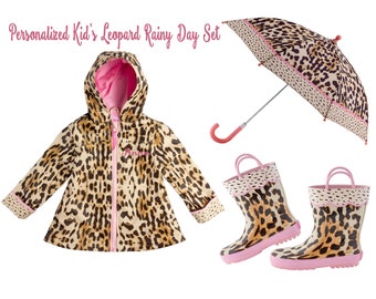 Girls Leopard Raincoat Set / Kids Rain Jacket / Monogrammed Rain Jacet / Leopard Rain Jacket / Rain Boots / Gift for Girl / Umbrella