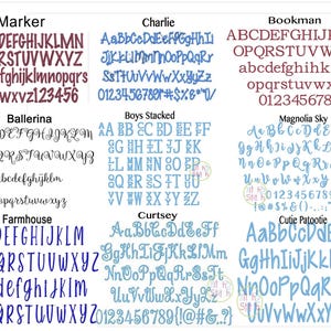 May include: A digital embroidery font chart displaying nine distinct typeface styles labeled Marker, Charlie, Bookman, Ballerina, Boys Stacked, Magnolia Sky, Farmhouse, Curtsey, and Cutie Patootie, featuring uppercase and lowercase letters and numbers.