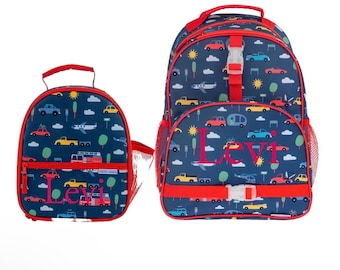 Monogrammed Boys Backpack Lunchbox Set, Airplane Helicopter Dump Truck
