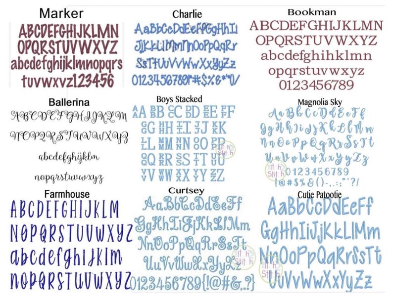 May include: Image displaying diverse font styles such as Marker, Charlie, Bookman, Ballerina, Boys Stacked, Magnolia Sky, Farmhouse, Curtsey, and Cutie Patootie. Each font shows upper and lower case letters, numbers, and symbols.