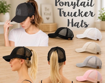 Embroidered Ponytail Trucker Hat, Messy Bun Cap, Custom Monogram