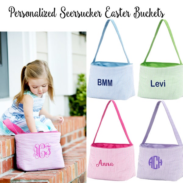 Seersucker Easter Basket / Monogrammed Easter Basket / Personalized Easter Bucket / Easter Bucket with Name / Easter / Egg Basket Tote Bunny