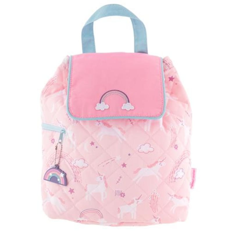 May include: Pink quilted backpack with a unicorn and rainbow pattern. Features a pink flap with a rainbow applique and a light blue handle. Includes a rainbow charm on the zipper.