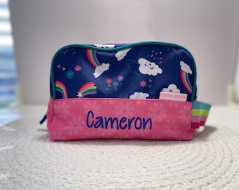 Personalized Kids Toiletry Bag, Pencil Pouch Accessory Bag, Rainbow Cloud Print
