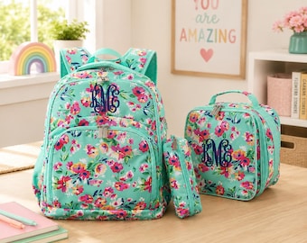 Personalized Floral Backpack and Lunchbox Set, Monogrammed School Set