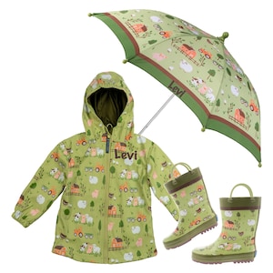 Boys Farm Animals Rain jacket set / Kids Rain Jacket / Monogrammed Rain Jacket / Boy Rain Jacket, On the Farm theme coat, Barn animals, cows