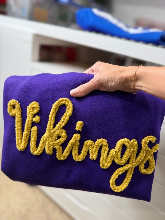 Custom Chenille Yarn Embroidery Sweatshirt, Hand-Yarn Stitching, Textured Lettering, Yarn letters, Team Spirit Pullover, Vikings Game Day