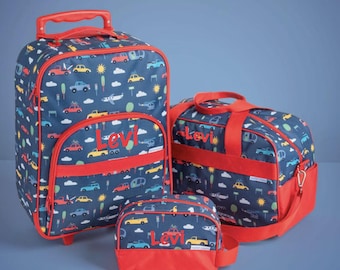 Boy's Personalized Kid's Travel Luggage Set / Transportation Rolling Luggage / Overnight Bag / Train / Cars / Airplane / Fire Truck